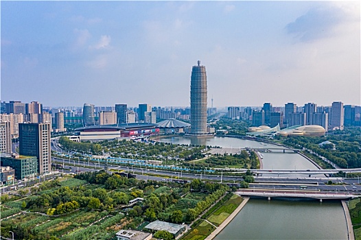 航拍河南省郑州市郑东新区cbd湖畔,大玉米,千玺广场,中原高楼