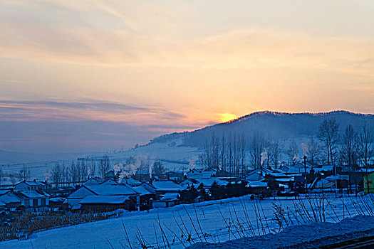 村庄,日落,冰雪,自然风光,吉林