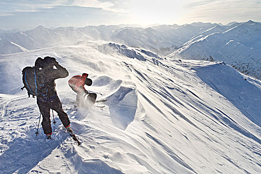 滑雪者,准备,滑雪,顶峰,高,风,吹,雪,科奈山地,冬天,阿拉斯加