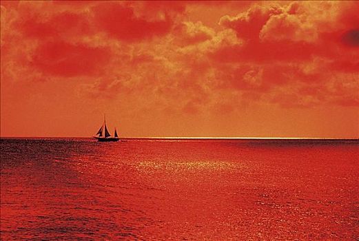 日落,帆船,海上,海洋,地平线,红色天空