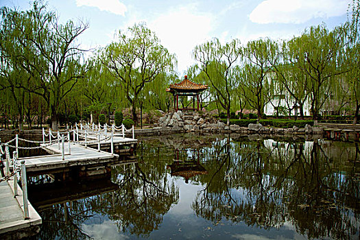 中国古典园林湖泊中的石板桥和凉亭