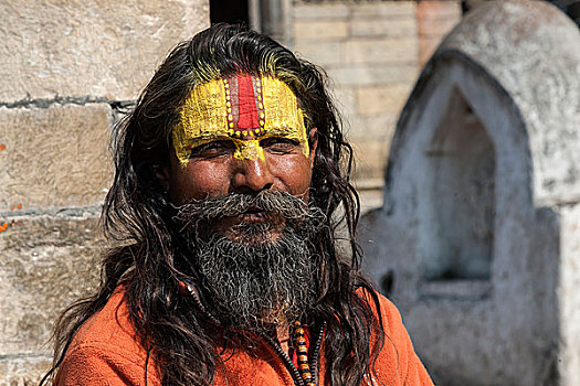 苦行僧,脸绘,头像,帕斯帕提那神庙,加德满都,尼泊尔,亚洲