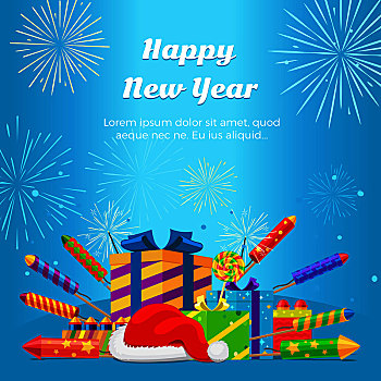 新年快乐,收集,彩色,烟花,礼盒,圣诞帽,蓝色背景,背景,新年,棒棒糖,冬天,装饰,贺卡,矢量,插画