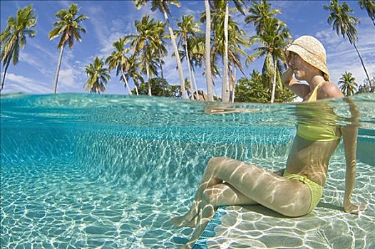 女人,边缘,游泳池,岛屿,斐济