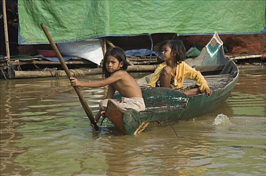 漂浮,乡村,柬埔寨,女孩,小船,收获,南亚