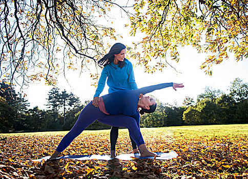两个女人,瑜珈,公园,秋天,白天