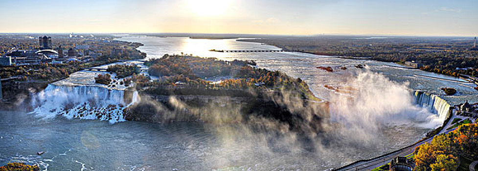 尼亚加拉瀑布,俯视,全景,展示,美洲瀑布,加拿大,马掌,日出,安大略省