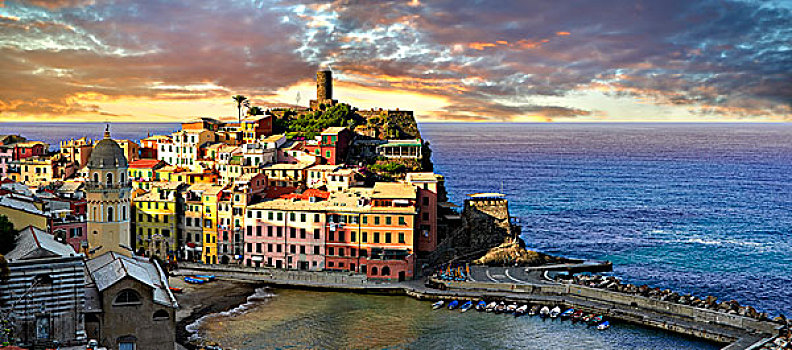 彩色,房子,渔港,维纳扎,早晨,亮光,世界遗产,五渔村国家公园,利古里亚,意大利,欧洲