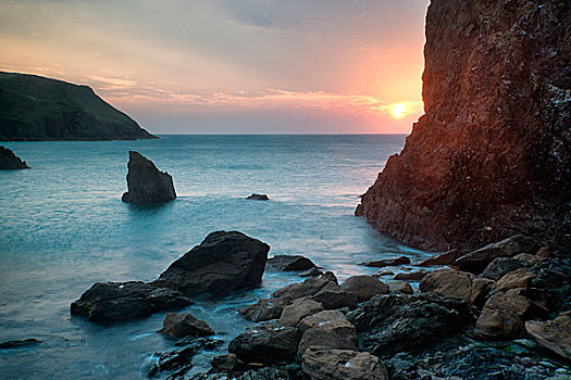 日落,风景,海景,岩石,海岸线,希望,小湾,英格兰