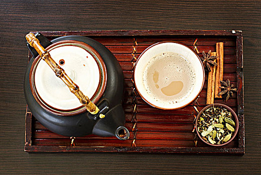 茶壶,拿铁咖啡,茶碗,调味品,茶叶