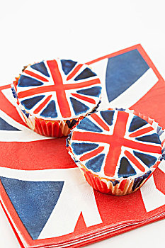 两个,英国国旗,杯形蛋糕,相配,餐巾纸