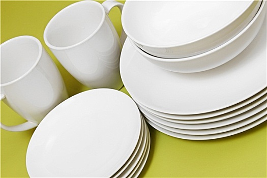 清洁,盘子,碗,杯子,绿色,桌子