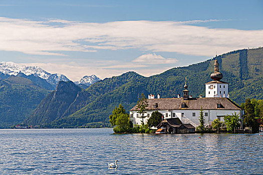 风景,城堡,特劳恩湖,湖,上奥地利州,奥地利