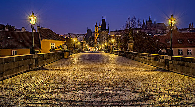 查理大桥,夜晚,布拉格,捷克共和国,欧洲