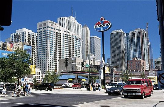街头一景,加油站,高层建筑,芝加哥,伊利诺斯,美国,北美,交通