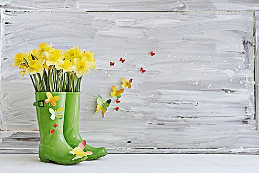威灵顿高帮靴,春天,花瓶,装饰,纸,蝴蝶