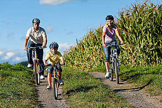 家庭,骑自行车,夏天,母亲,父子