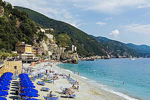 海滩,蓝色,伞,乡村,局部,五渔村,小村庄,意大利,里维埃拉,海岸线,拉斯佩齐亚