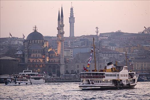 土耳其,伊斯坦布尔,渡轮,博斯普鲁斯海峡,河,清真寺,日落
