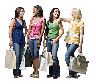 四个女人,购物袋,微笑