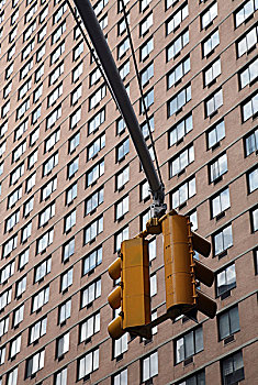 高层建筑,建筑,特写,红绿灯,美国,纽约,曼哈顿,砖建筑,摩天大楼,户外,房屋外观,住宅,写字楼,窗户,规律性,地面