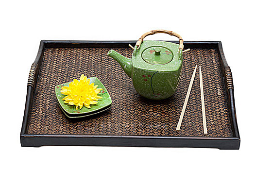 竹子,托盘,绿色,陶瓷,茶壶