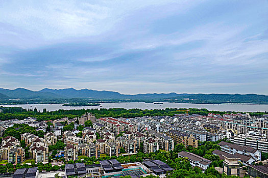 俯拍杭州城市与西湖风光