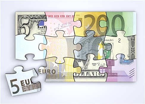 混合,美元,欧元钞票,拼图,分开,欧元,块