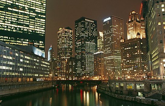 建筑,城市,光亮,黄昏,芝加哥,伊利诺斯,美国