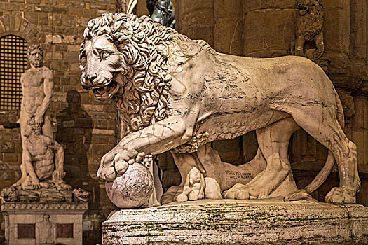 雕塑,古老,狮子,夜晚,大理石,正面,凉廊,市政广场,佛罗伦萨,托斯卡纳,意大利,欧洲