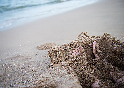 湿,脚,海滩,沙子