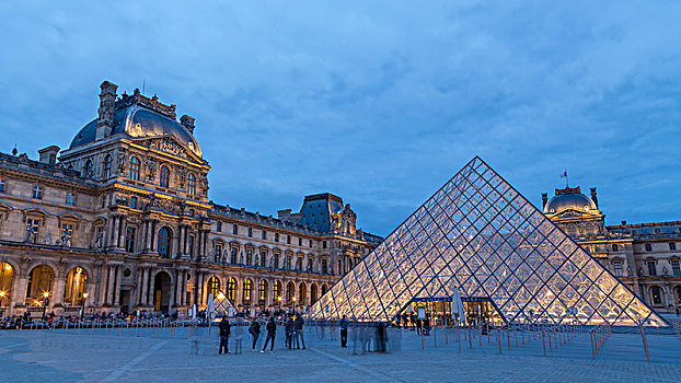 卢浮宫,玻璃金字塔,黄昏,巴黎,法国,欧洲