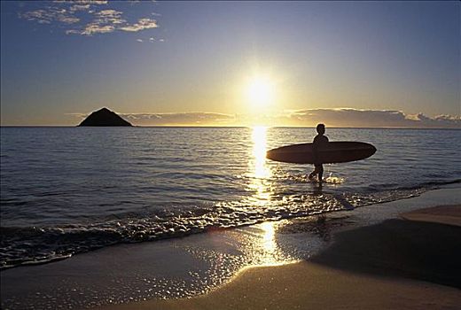 夏威夷,剪影,冲浪,岸边,日出,金色,亮光,岛屿,背景