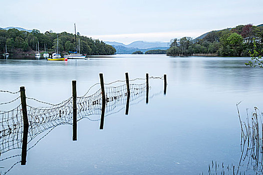 平静,郁闷,晚间,风景,上方,水,湖区