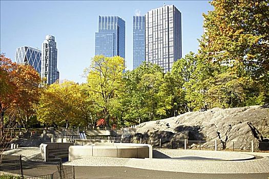 树,正面,建筑,中央公园,曼哈顿,纽约,美国