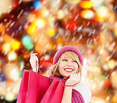 冬天,人,高兴,概念,女人,粉色,帽子,围巾,许多,购物袋