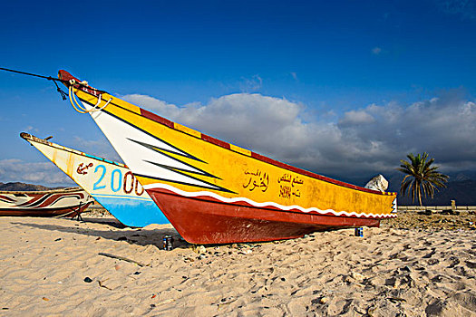 彩色,渔船,海滩,岛屿,索科特拉岛,也门,亚洲