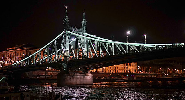 自由,桥,光亮,夜晚,布达佩斯