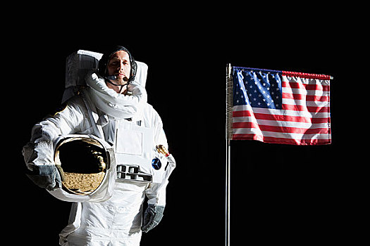 宇航员,拿着,头盔,站立,靠近,美国国旗,肖像