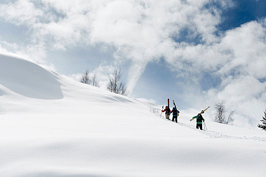 男性,滑雪,向上,积雪,山,后视图,隆河阿尔卑斯山省,法国