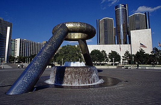 喷泉,城镇广场,底特律,国际,河滨地区,密歇根,美国