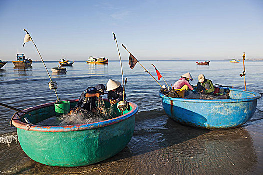 越南,美尼,海滩,渔民,传统,渔船