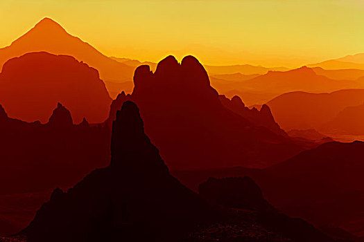 日出,撒哈拉沙漠,阿哈加尔,山,阿尔及利亚
