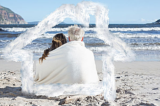 坐,夫妇,海滩,毯子
