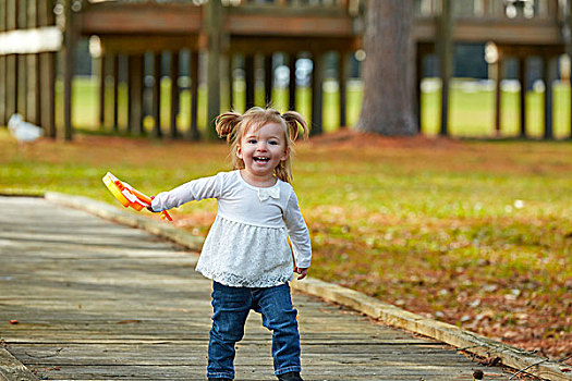 儿童,女婴,玩具,吉他,走,有趣,秋天,公园
