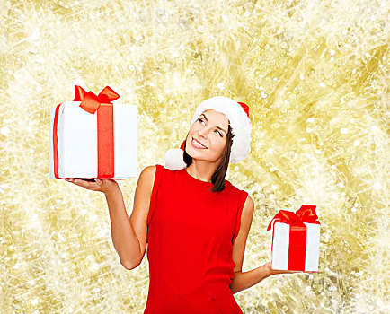 圣诞节,休假,庆贺,人,概念,微笑,女人,红裙,礼盒,上方,黄光,背景