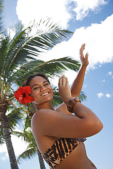 夏威夷,瓦胡岛,玻利尼西亚人,草裙舞,微笑,跳舞,椰树,树,背景