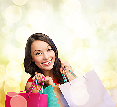 购物,销售,礼物,圣诞节,圣诞,概念,微笑,女人,红裙,购物袋
