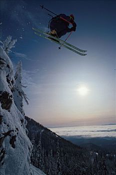 蒙大拿,男人,下坡,跳台滑雪,大,山,冬天,景色,悬崖,天空,雪,树