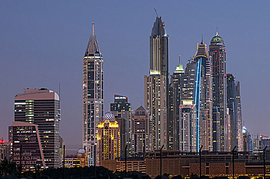 夜景,市区,迪拜,码头,现代,高,摩天大楼,阿联酋